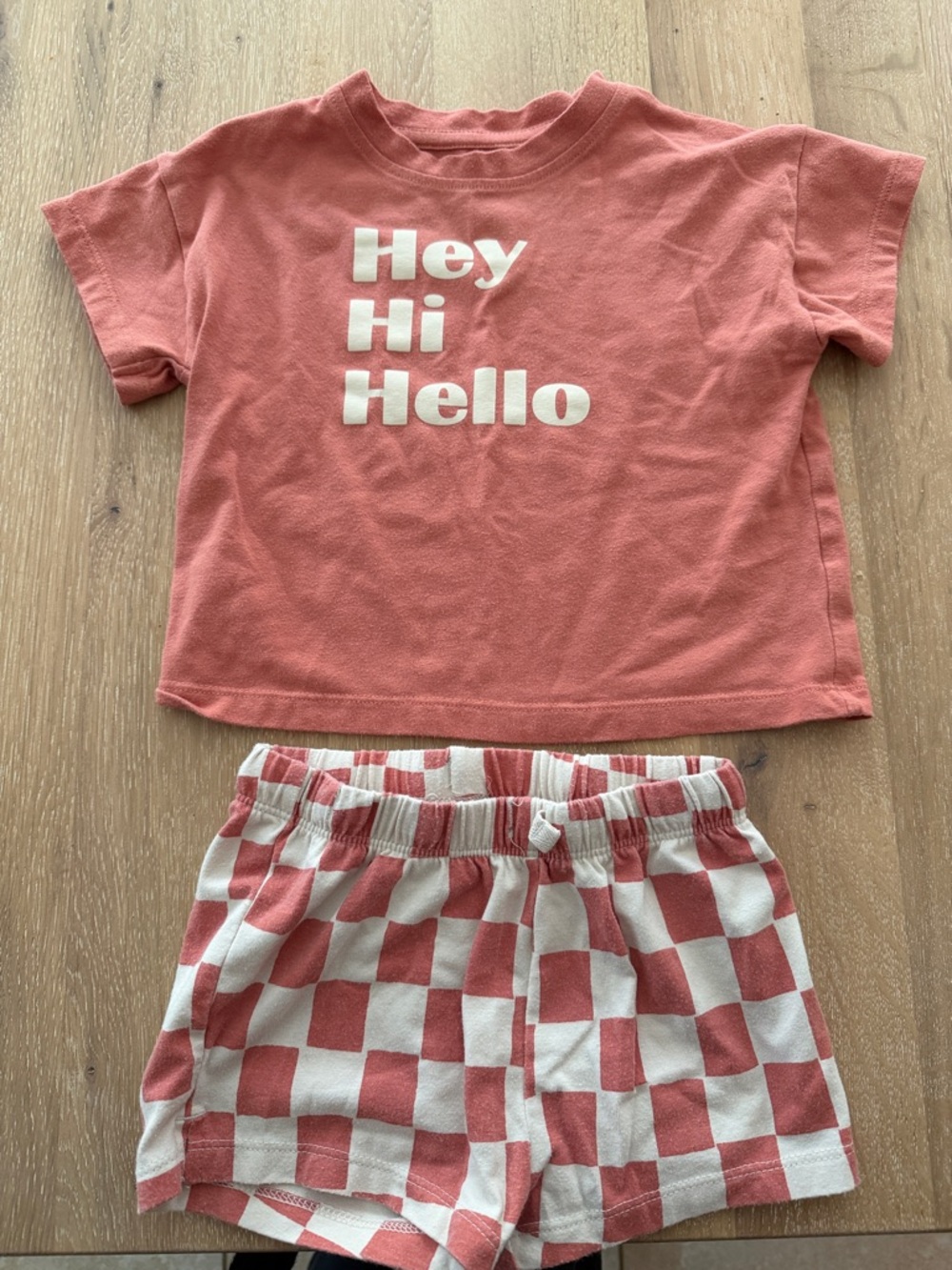 Cat & Jack Coral Pink 'Hey Hi Hello' Tee and Checkerboard Shorts Set